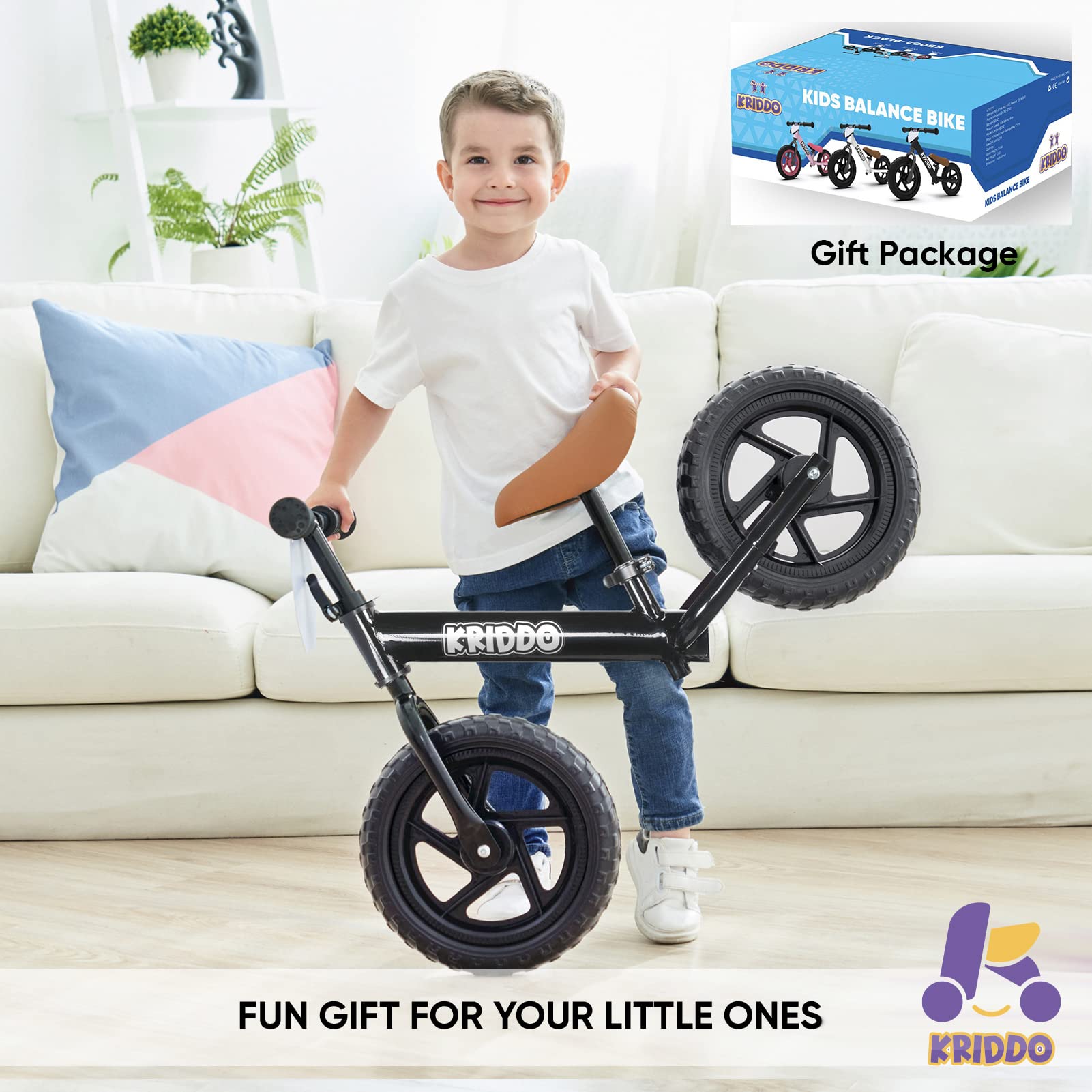 KRIDDO Toddler Balance Bike 2 Year Old, Age 24 Months to 5 Years Old, 12 Inch Push Bicycle with Customize Plate (3 Sets of Stickers Included), Steady Balancing, Gift Bike for 2-3 Boys Girls