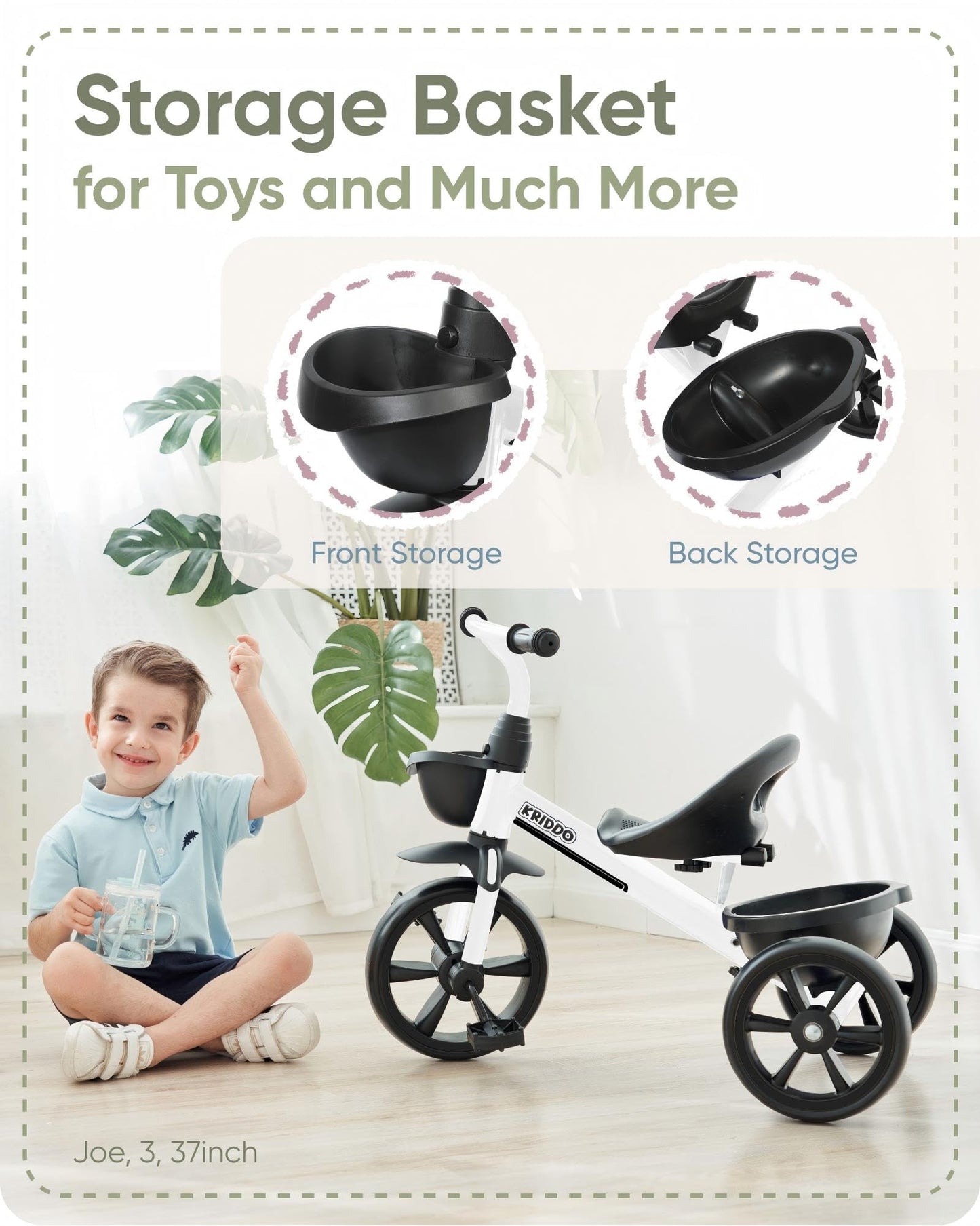 KRIDDO Kids Tricycle for 2-5 Year Olds - Gift for Toddlers - Black