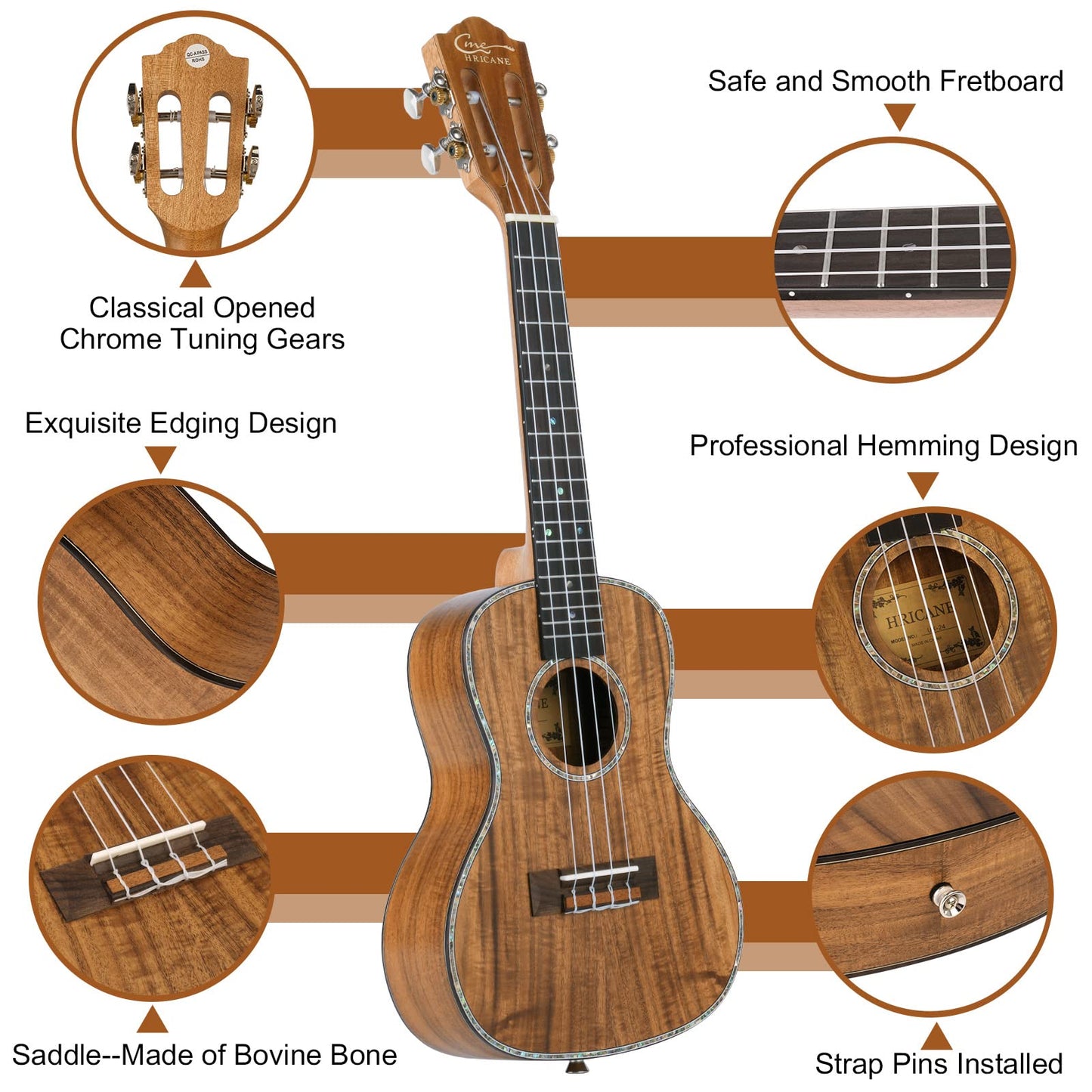 Hricane Ukulele, Concert Ukulele Koa 23 Inch Professional Ukulele Kit for Adults &amp; Beginners with Gig Bag, Strap, Nylon String, Tuner, Guitar Picks, Cleaning Cloth