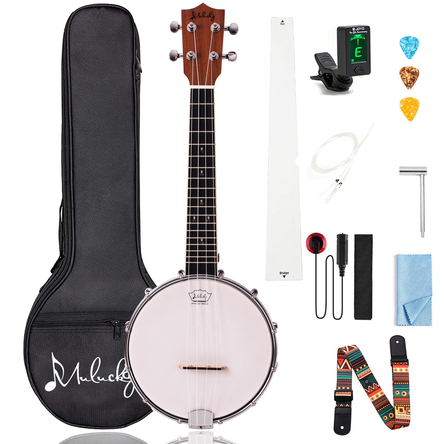 Mulucky 4-String Banjo Ukulele | 23" Sapele Wood with Remo Head &amp; Nylon Strings | Dark Brown Travel Kit (Bag, Tuner, Picks) - MBU-808