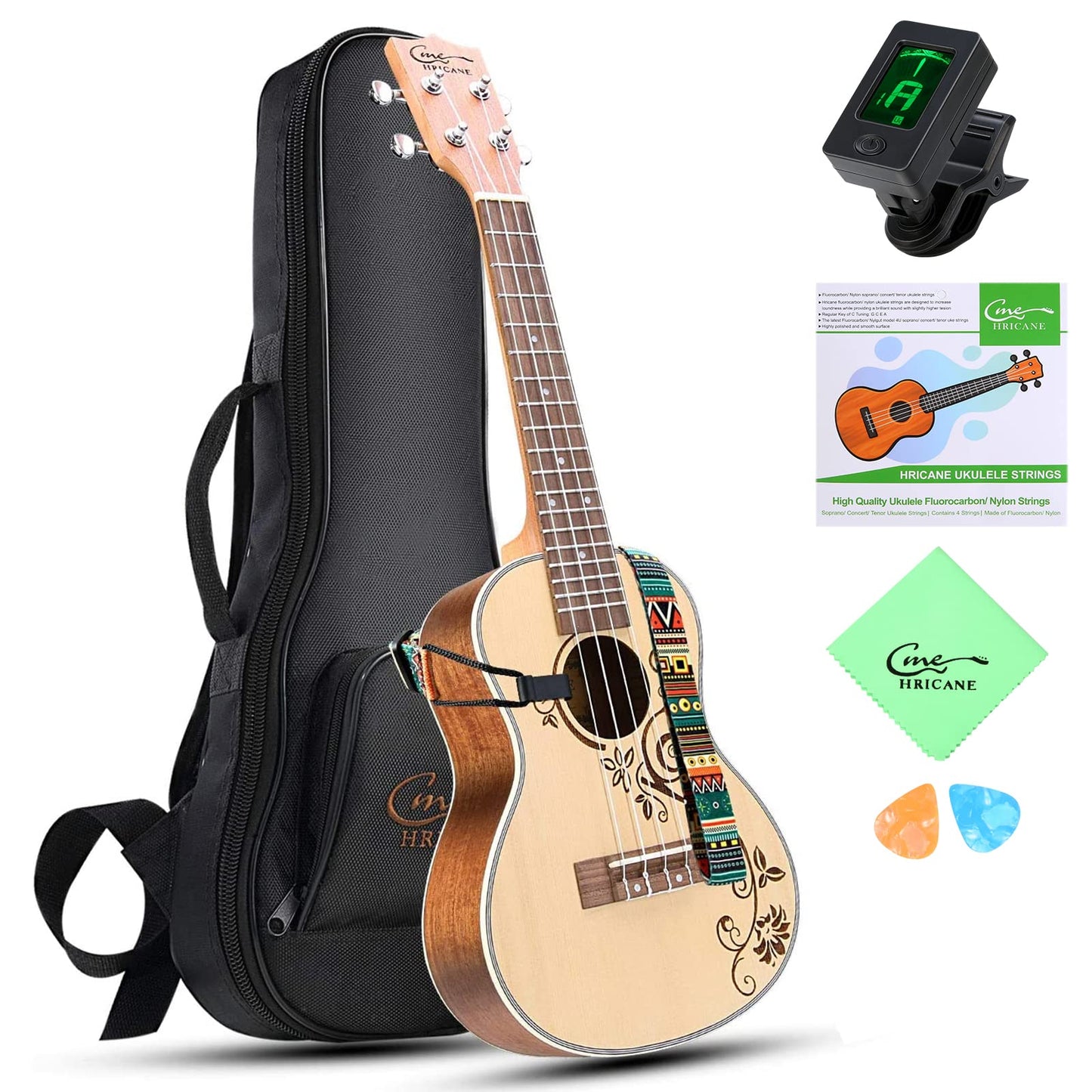 Hricane Ukulele, Concert Ukulele Koa 23 Inch Professional Ukulele Kit for Adults &amp; Beginners with Gig Bag, Strap, Nylon String, Tuner, Guitar Picks, Cleaning Cloth