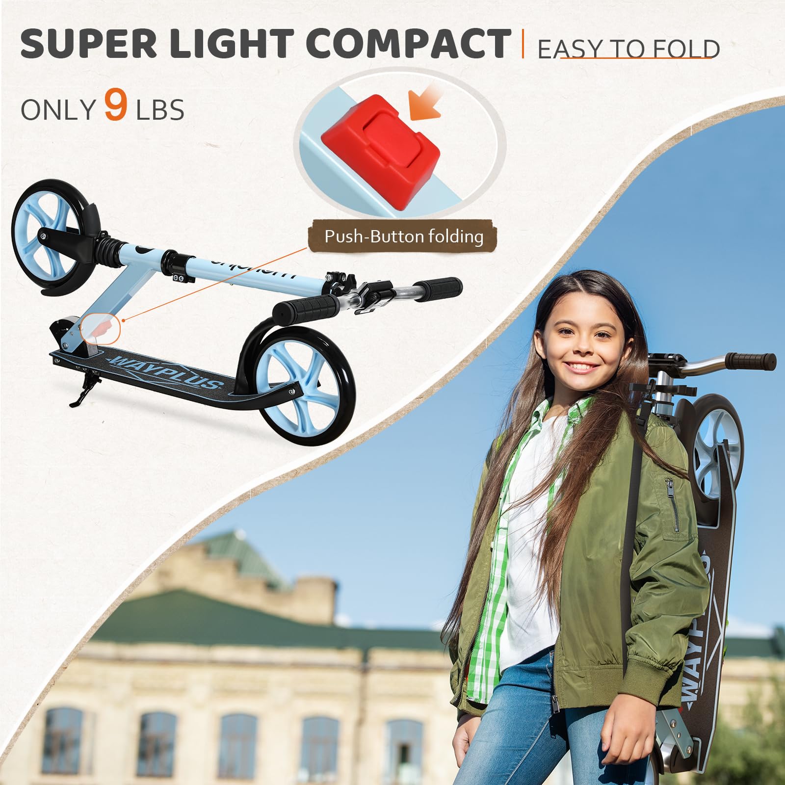 Kick Scooter for Ages 6+,Kid, Teens &amp; Adults. Max Load 240 LBS. Foldable, Lightweight, 8IN Big Wheels for Kids, Teen and Adults, 4 Adjustable Levels. Bearing ABEC9