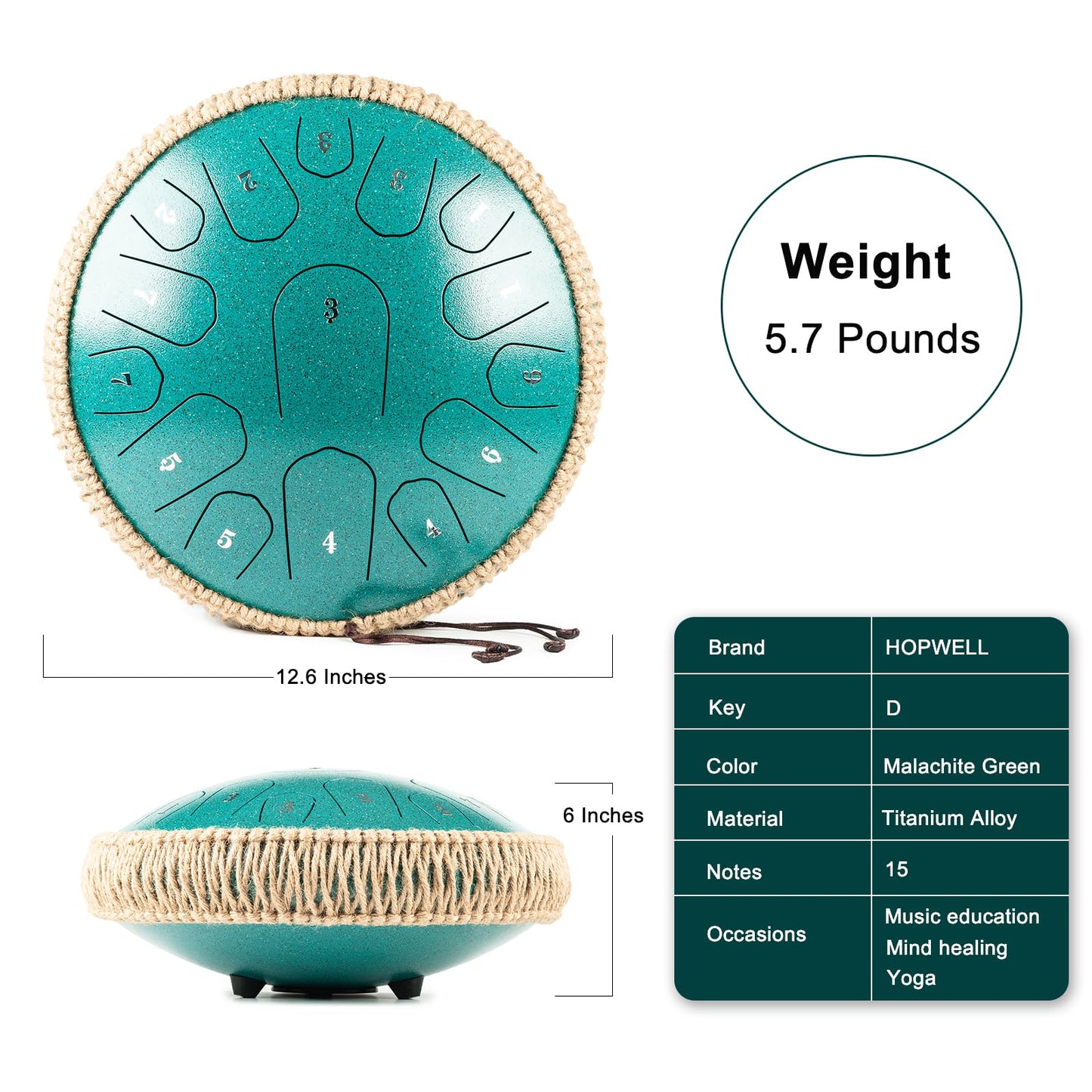 Steel Tongue Drum - 13 Inches 15 Notes Tongue Drum - Hand Pan Drum with Music Book, Handpan Drum Mallets and Carry Bag, D Major (Malachite Green)