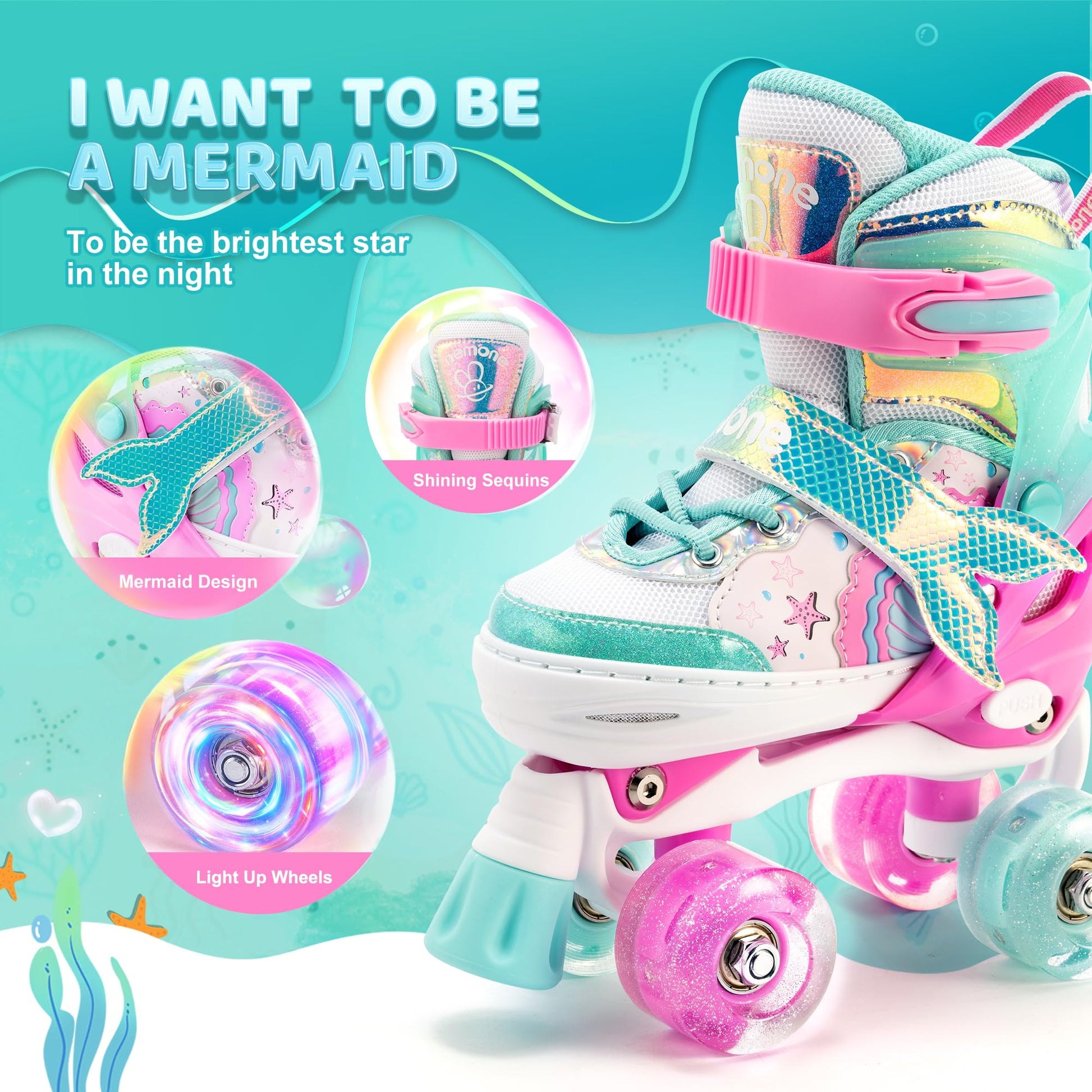 NEMONE Mermaid 4 Size Adjustable Light up Roller Skates for Girls, Purple Blue Skates for Toddlers, Beginner Kids Roller Skates Indoor Outdoor