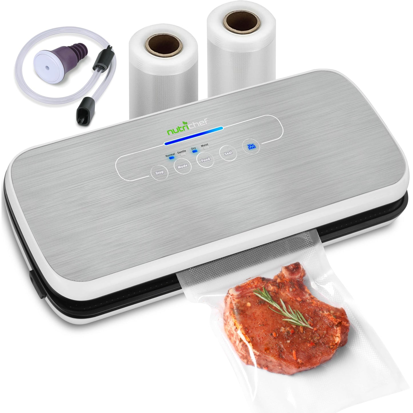 NutriChef Vacuum Sealer | Automatic Vacuum Air Sealing System For Food Preservation w/ Starter Kit | Compact Design | Lab Tested | Dry &amp; Moist Food Modes | Led Indicator Lights