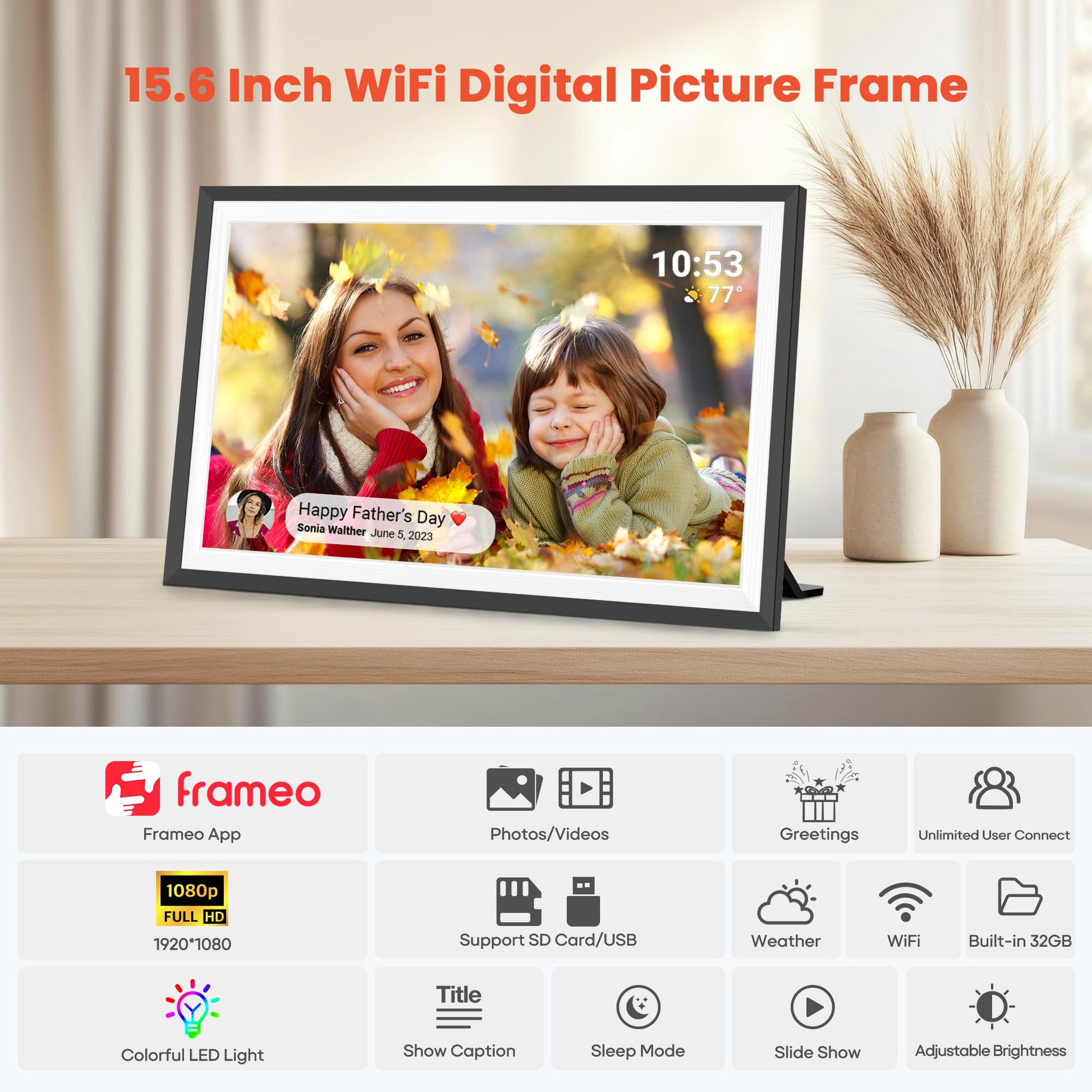 Frameo 10.1" WiFi Digital Picture Frame with 32GB Memory, 1280 x 800 IPS HD Touch Screen Electronic Photo Frame, Auto-Rotate, Slideshow, Wall Mountable, Share Photos/Video Remotely Anywhere