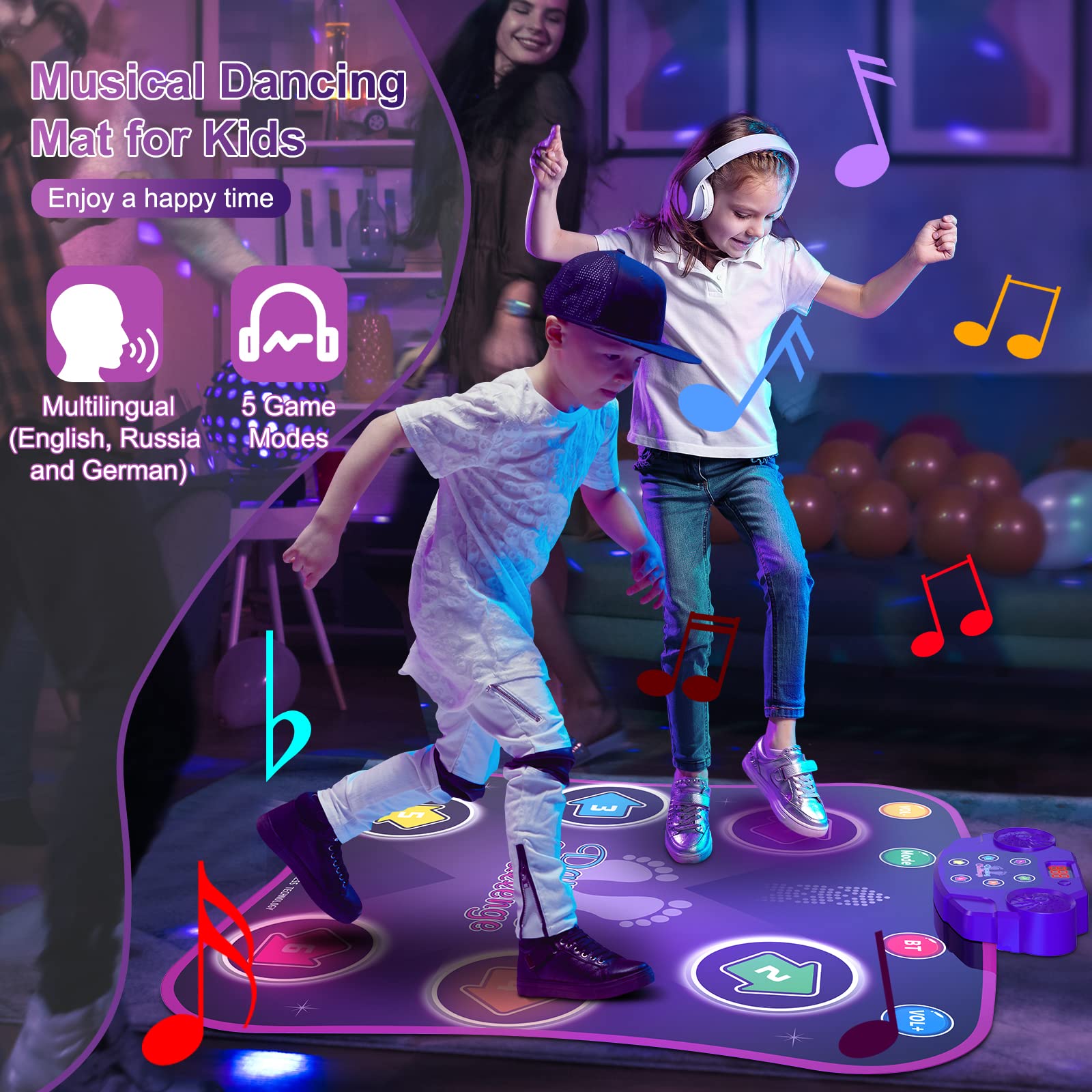 Flooyes Dance Mat Toys for 3-12 Year Old Kids, Electronic Dance Pad with Light-up 6-Button Wireless Bluetooth, Music Dance with 5 Game Modes, Birthday Toys Gifts for 3 4 5 6 7 8 9 10+ Year Old Girls